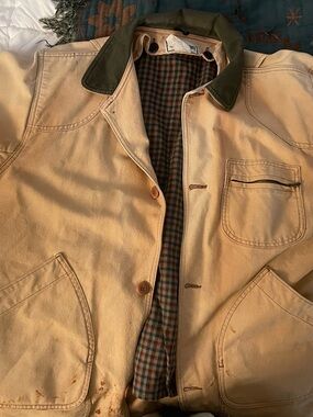 L.L. Bean Tan Canvas Field Jacket with Green Collar